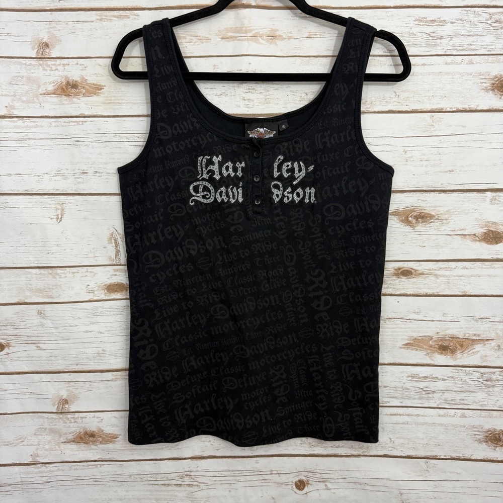 Harley Davidson Black Graphic Snap Button Embellisher Tank Top